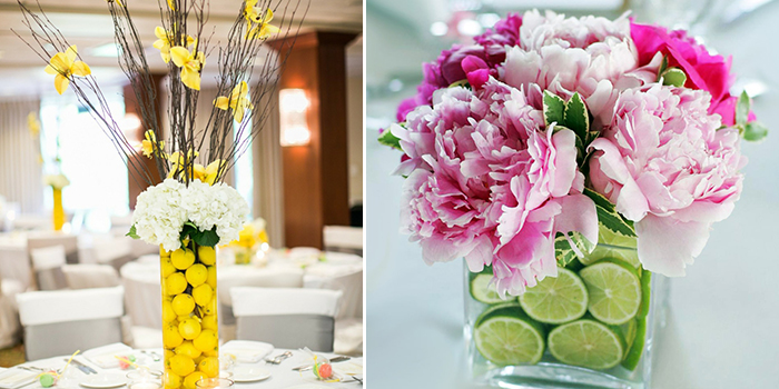 Украшение свадебного стола цитрусовыми и цветами